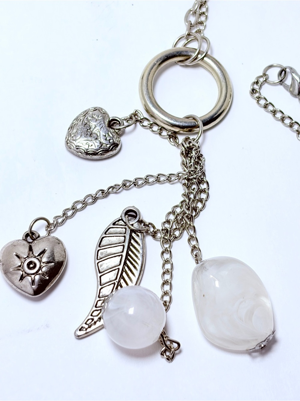 Silver-Tone Heart & Leaf Charm Necklace with White Stone Beads